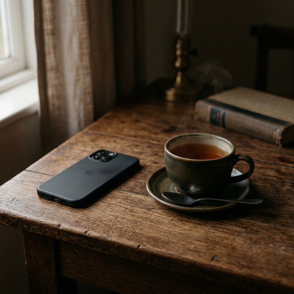 A phone with notifications silenced, sitting face down on a wooden table