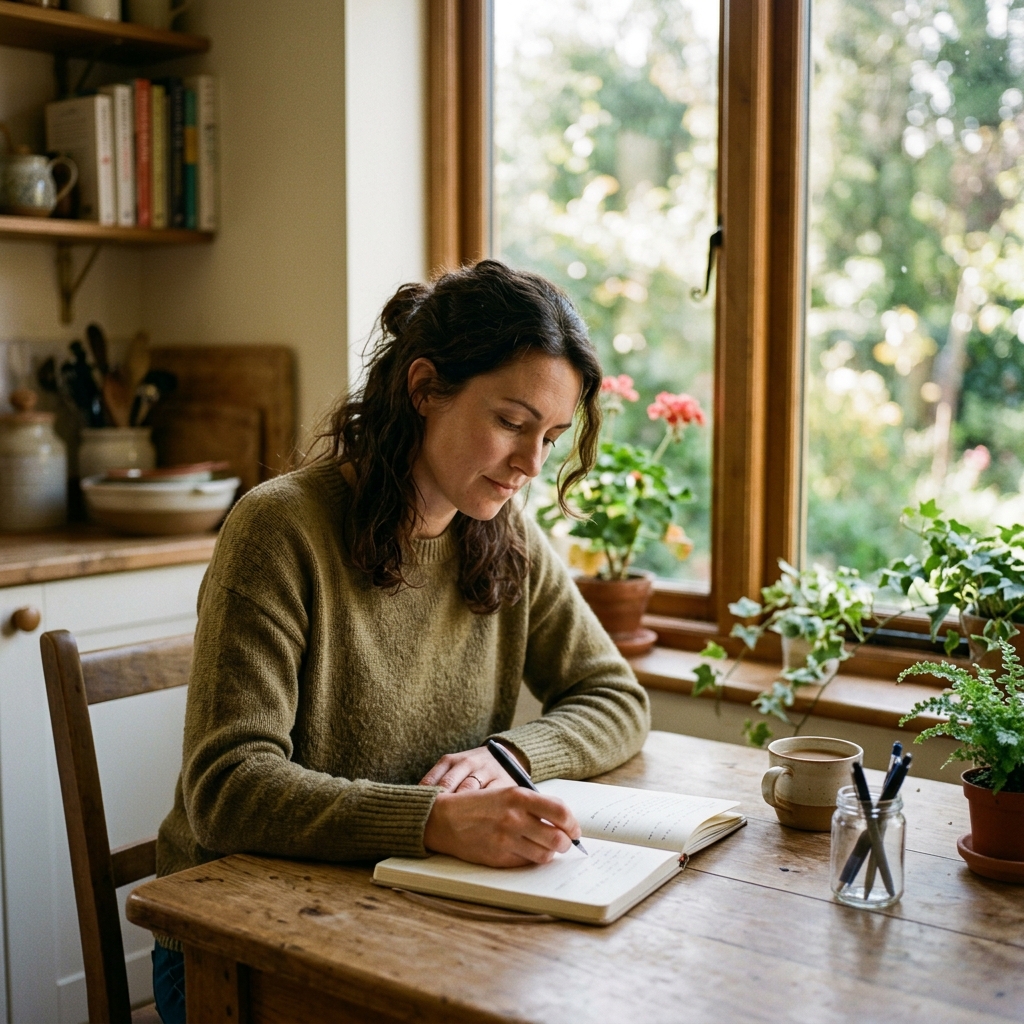 A woman writing in a notebook by a window, calm and focused