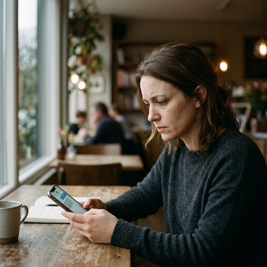 Woman looking at a phone with a concerned expression
