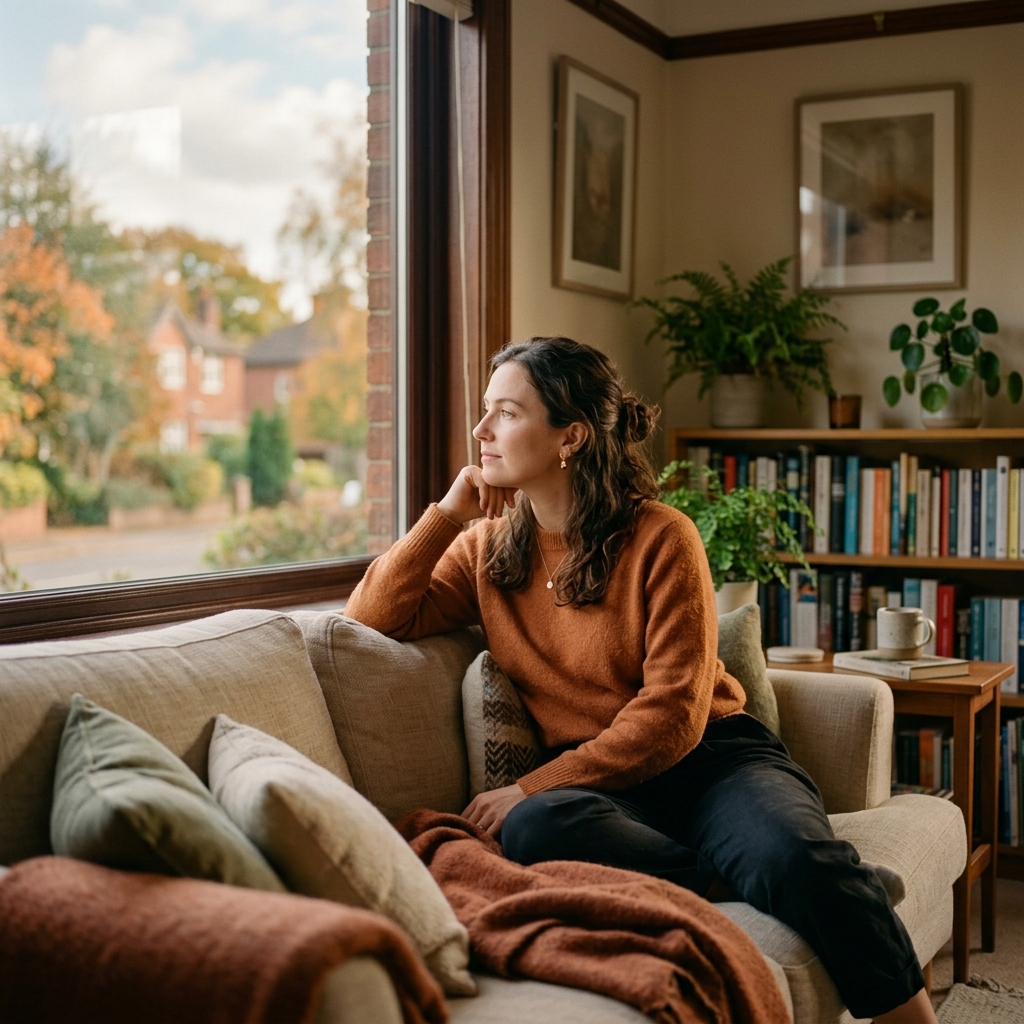 Woman sitting alone on a couch looking out a window
