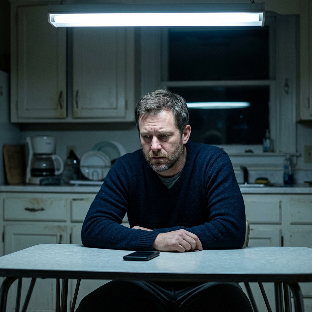 Man sitting alone at a kitchen table staring at a silent phone