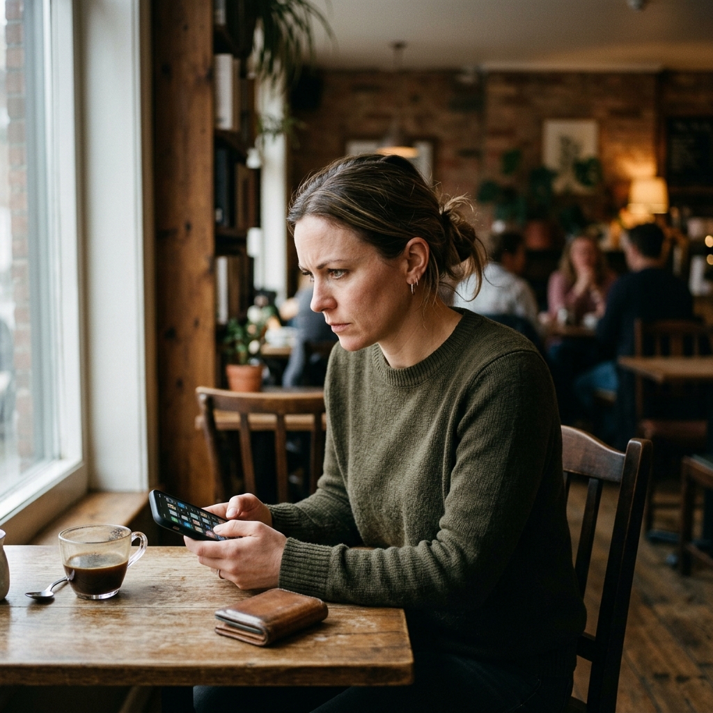 A woman checking her phone with a slightly wary expression