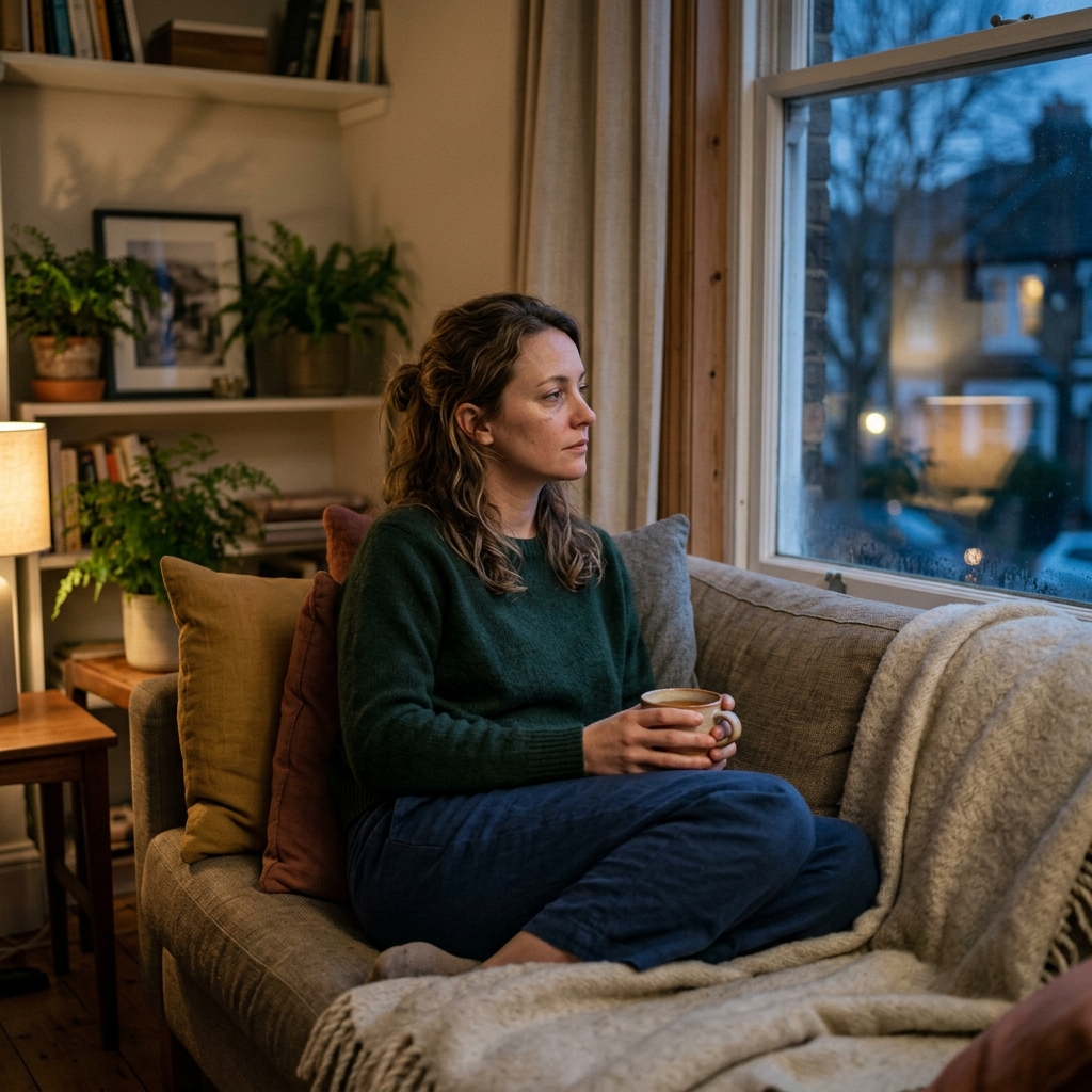 A woman sitting quietly at home looking out a window