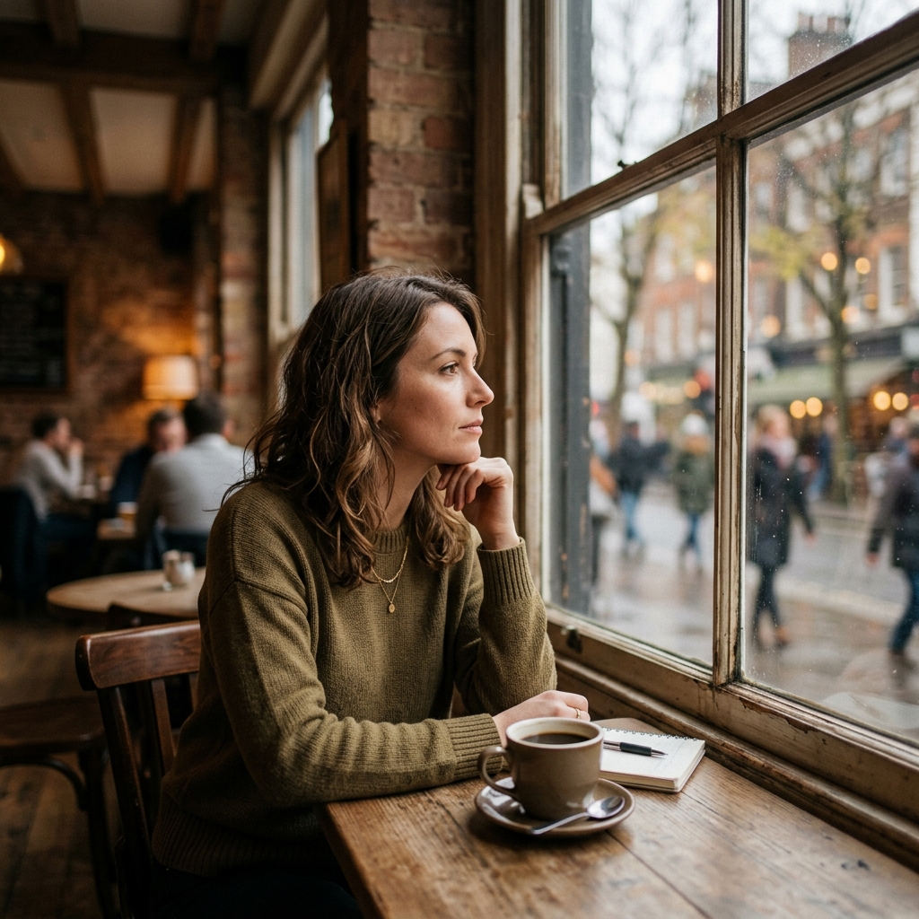 A woman sitting at a cafe table, looking thoughtfully out a window