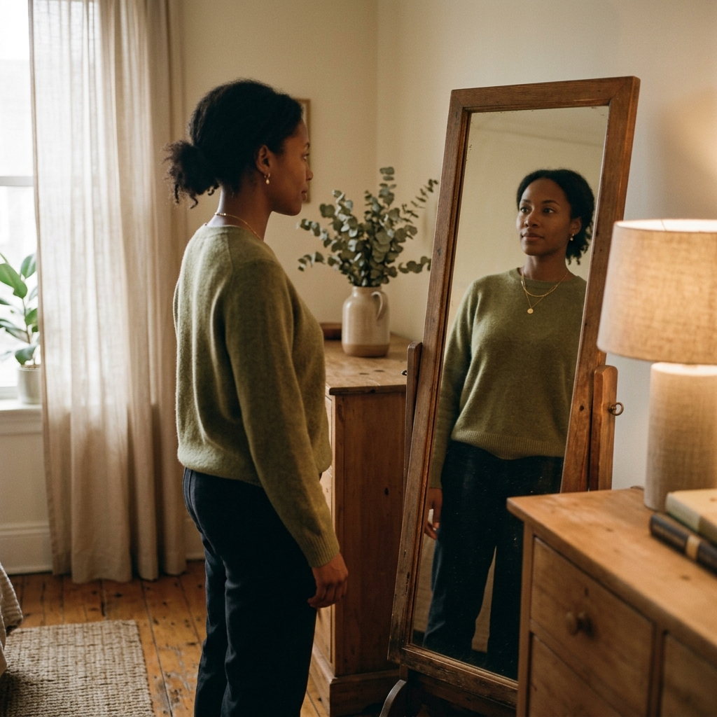 A woman looking at her reflection in a mirror with calm clarity