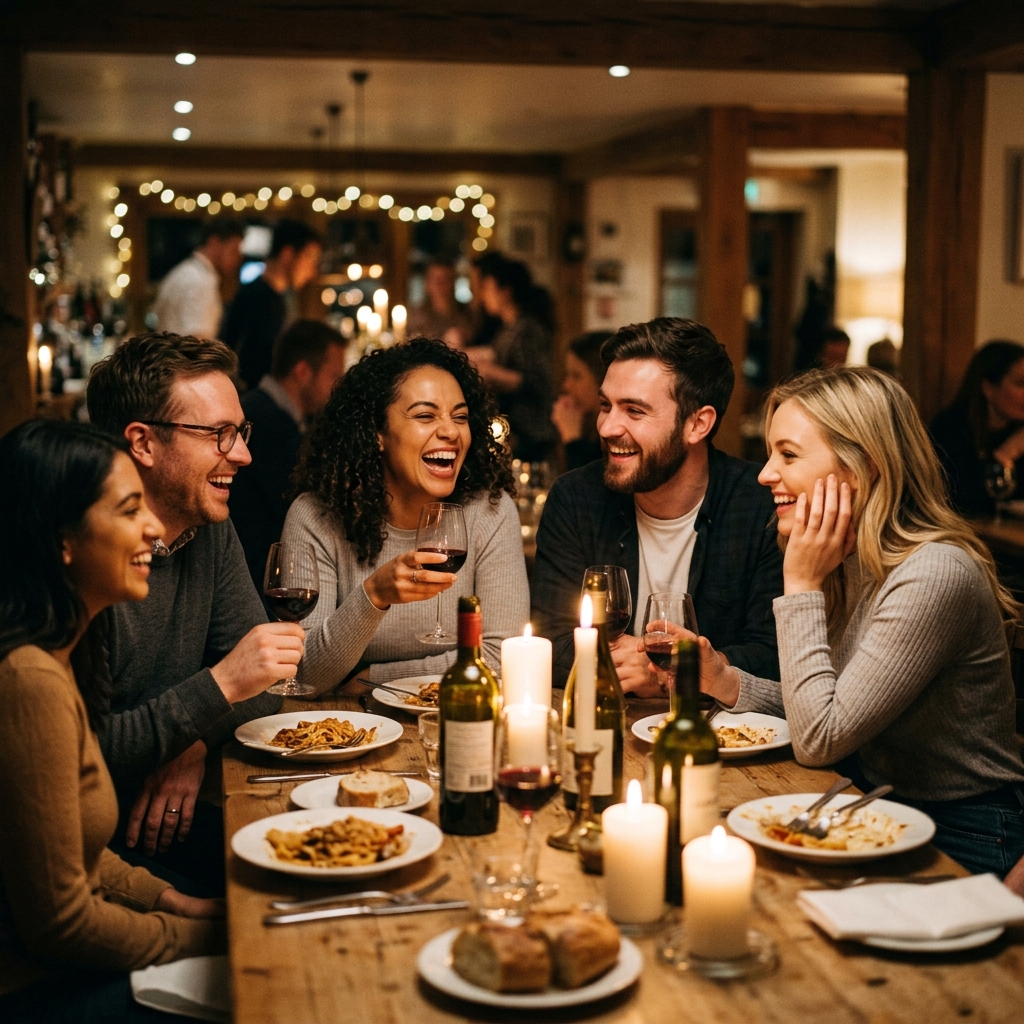A group of people laughing together over dinner, warm lighting