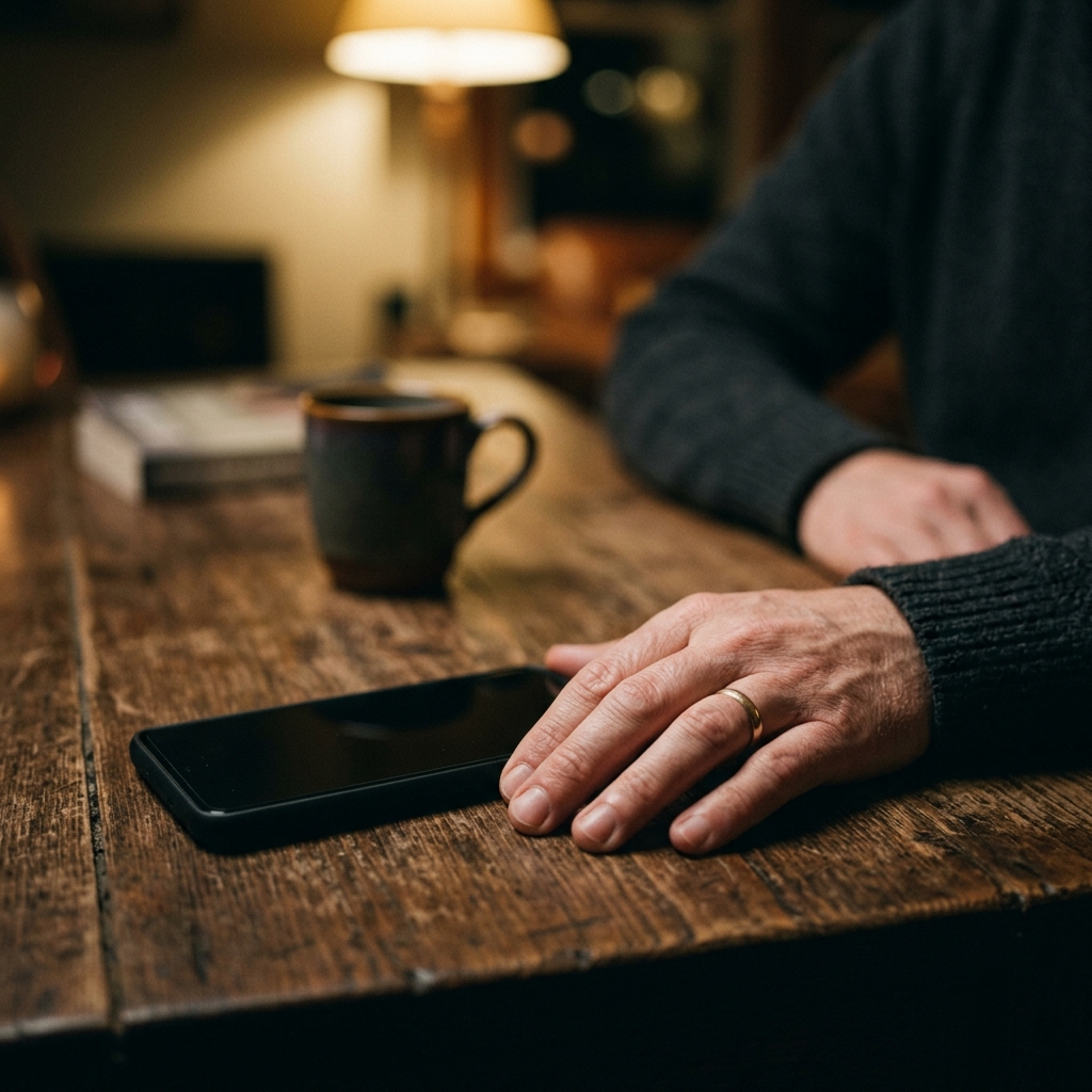 A person's hand holding a phone with no new messages visible
