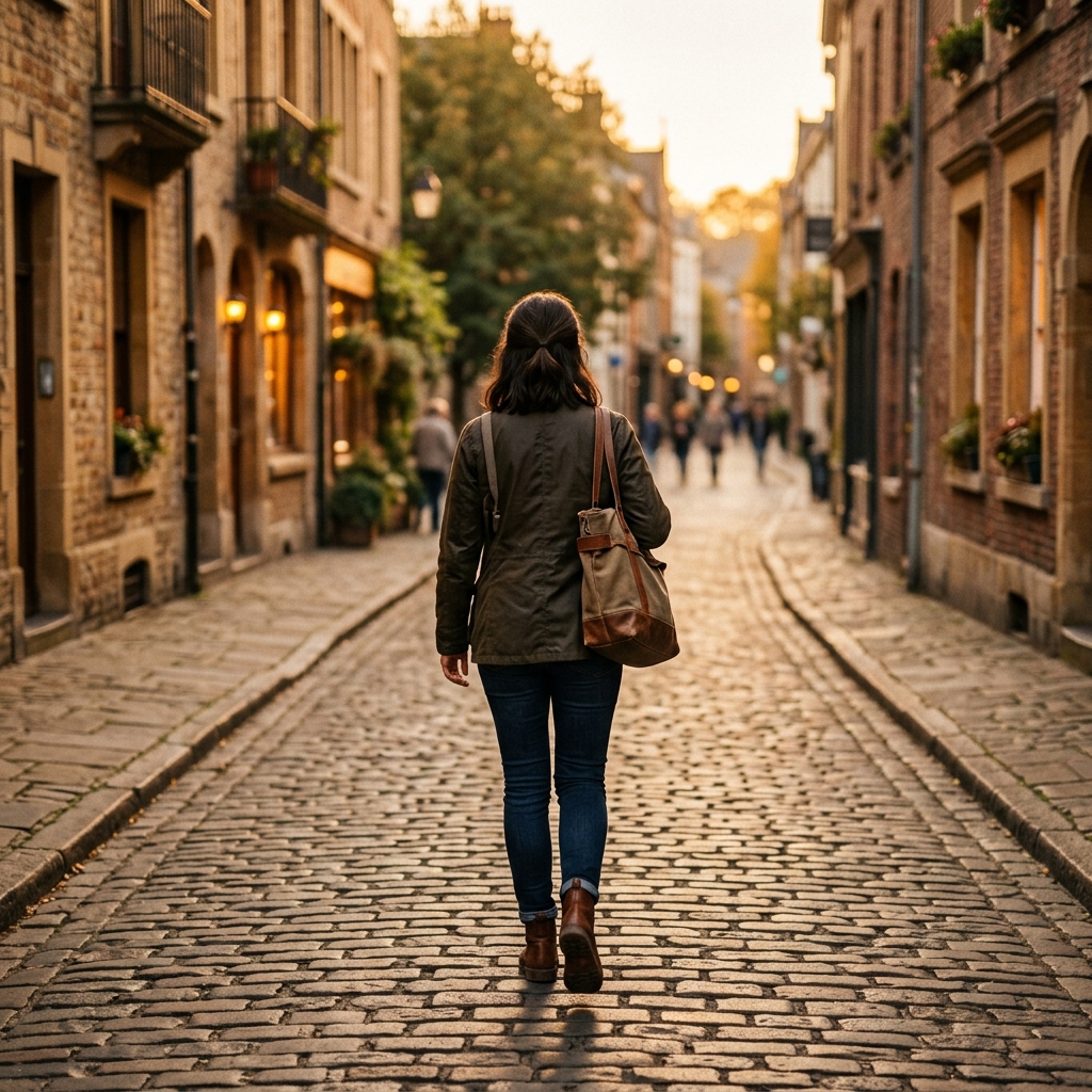 A woman walking away with her back turned, calm and steady