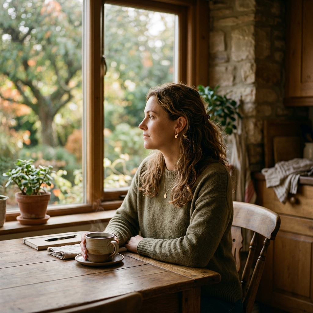 A woman sitting calmly at a kitchen table with a cup of coffee