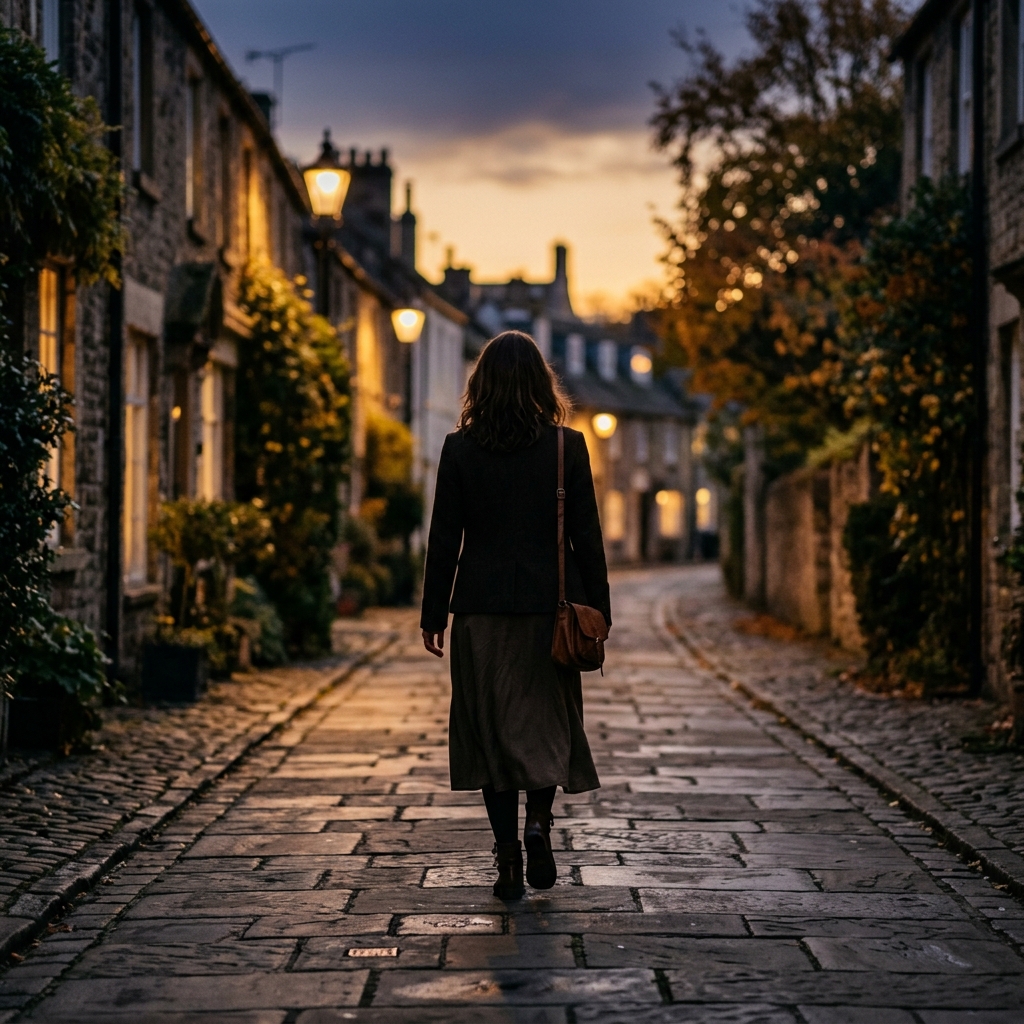 A woman walking away down a quiet street at dusk